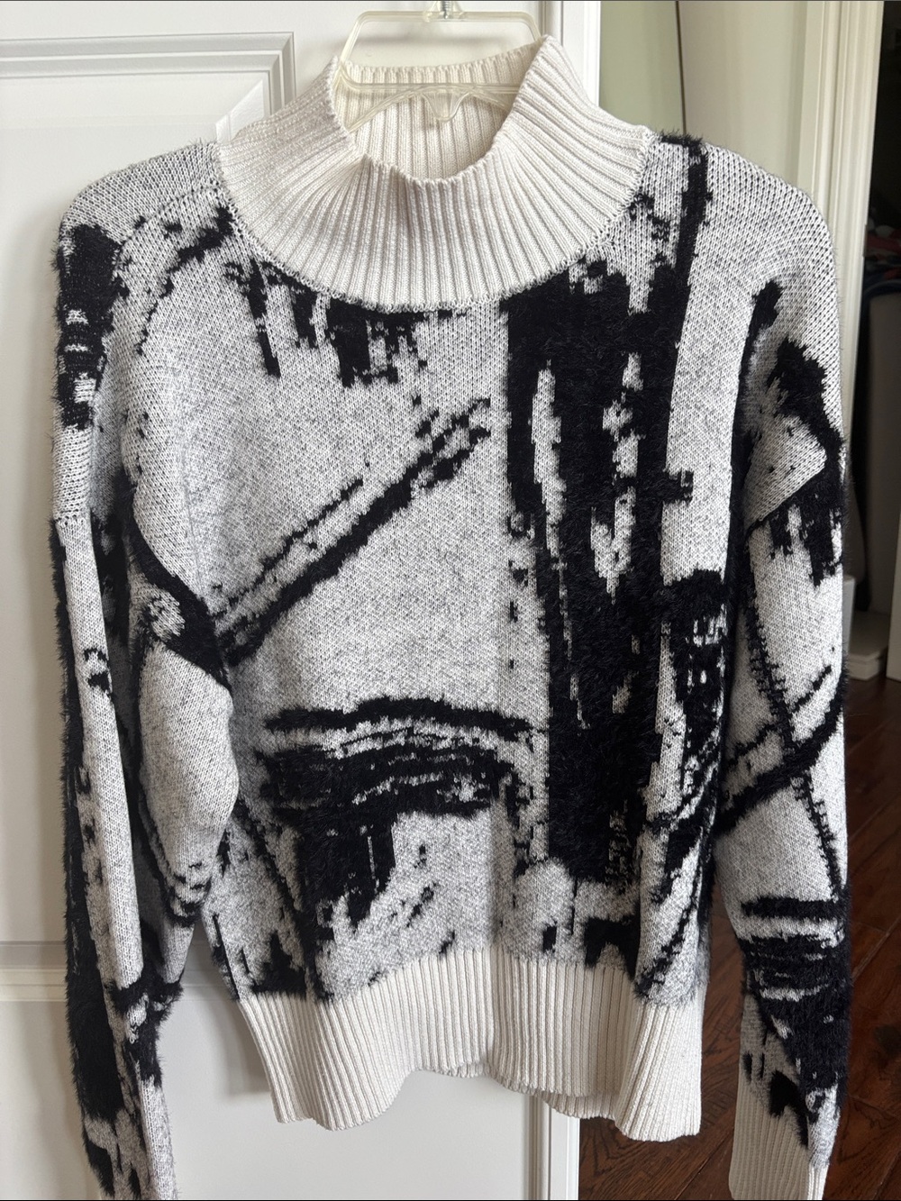 Dkny Black & White Abstract Cowl Neck Sweater